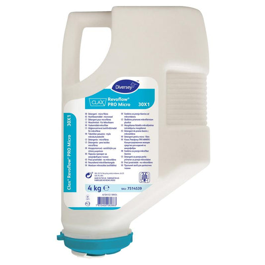 Die 4 kg Clax Revoflow PRO MICRO 30X1 Kartusche von Diversey Deutschland GmbH & Co. OHG ist ein hochkonzentriertes Pulver speziell für Microfasern im Revoflow System - mit blauem Label, Deckel und ergonomischem Griff.