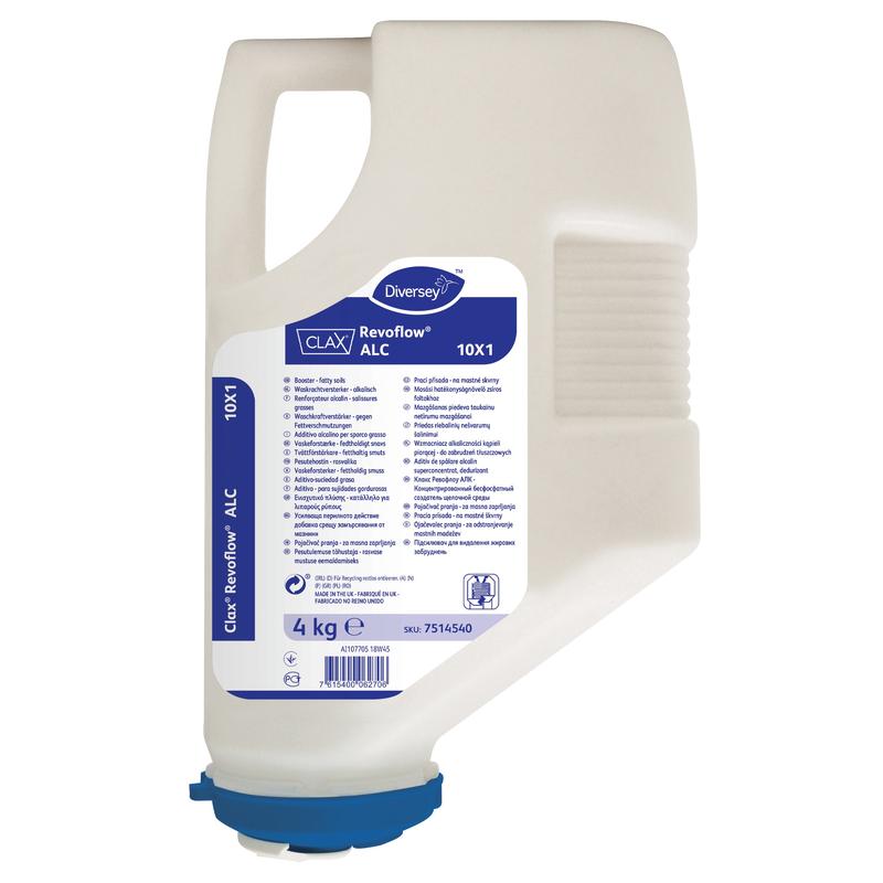 Eine 4 kg-Kartusche aus weißem Kunststoff mit Diversey Clax Revoflow ALC 10X1, einem hochkonzentrierten, phosphatfreien Alkalibooster für das Revoflow-System von Diversey Deutschland GmbH & Co. OHG, entwickelt für professionelle Wäschereianwendungen.