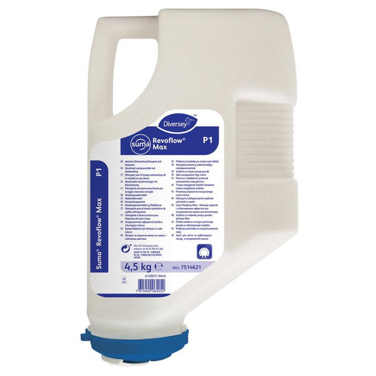 Eine weiße Kunststoff 4,5 kg Suma Revoflow Max P1 chlorhaltig Reiniger-Kartusche von Diversey Deutschland GmbH & Co. OHG, mit blauem Etikett, blauem Spenderdeckel und linkem Griff; für weiches bis mittelhartes Wasser.