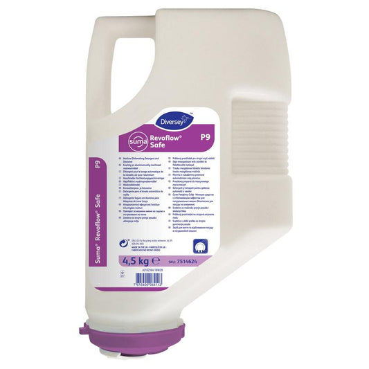 Eine weiße 4,5 kg Kartusche Suma Revoflow Safe P9, Aluminiumsicherer Reiniger von Diversey Deutschland GmbH & Co. OHG hat einen violetten Deckel und ein Etikett mit Produktinformationen und Anweisungen für eine effektive Reinigung auf der Vorderseite.