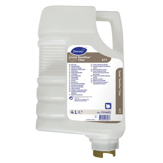 Eine 4-Liter-Kartusche aus weißem Kunststoff von Suma Revoflow Clear A11, Saurer Klarspüler von Diversey Deutschland GmbH & Co. OHG, mit Griff, Ausgießer und einem Etikett mit Verwendungszweck, Gebrauchsanweisung und Sicherheitsinformationen in blauer und lila Schrift.