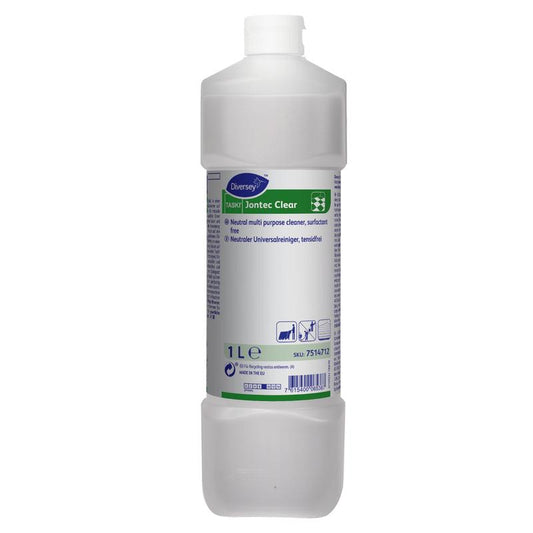 Eine 1-Liter-Flasche aus durchsichtigem Kunststoff mit TASKI Jontec Clear Reiniger für Hartbeläge von Diversey Deutschland GmbH & Co. OHG, mit weißem Deckel und einem weiß-blau-grünen Etikett mit Produktinformationen und Anwendungssymbolen.