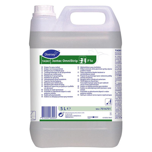 Ein 5-Liter-Kanister TASKI Jontec OmniStrip, Tiefen- und Trockengrundreiniger für Einscheibenmaschinen von Diversey Deutschland GmbH & Co. OHG, mit einem weißen Etikett mit mehrsprachigen Hinweisen und Produktinformationen.