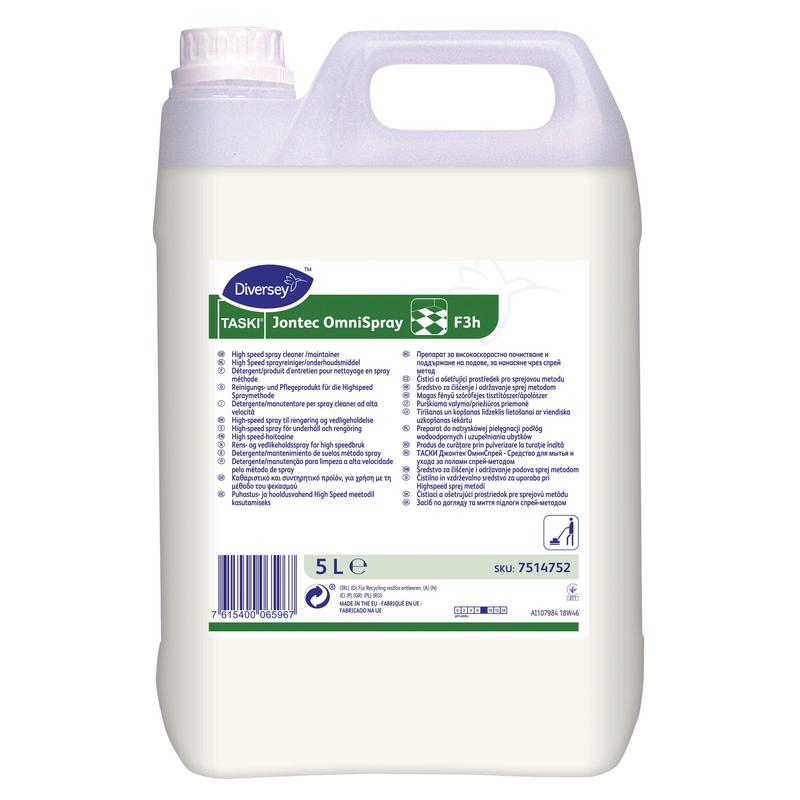 Ein 5-Liter-Kanister aus weißem Kunststoff von TASKI Jontec OmniSpray von Diversey Deutschland GmbH & Co. OHG, ein Reinigungs- und Pflegeprodukt für Einscheibenmaschinen ab 300 U/min, mit Griff, Schraubverschluss und Frontetikett mit Produktinformation und SKU.