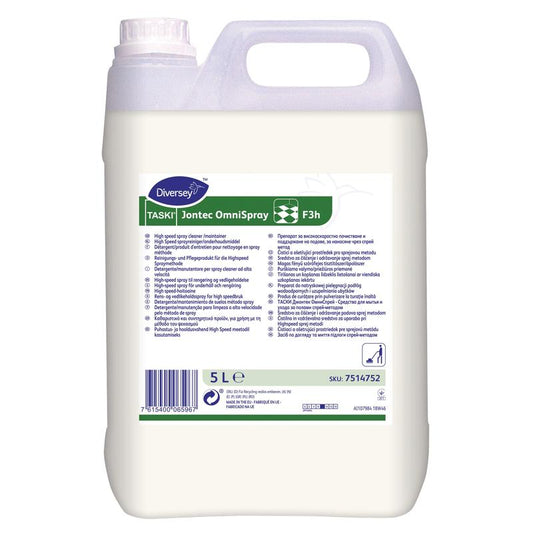Ein 5-Liter-Kanister aus weißem Kunststoff von TASKI Jontec OmniSpray von Diversey Deutschland GmbH & Co. OHG, ein Reinigungs- und Pflegeprodukt für Einscheibenmaschinen ab 300 U/min, mit Griff, Schraubverschluss und Frontetikett mit Produktinformation und SKU.