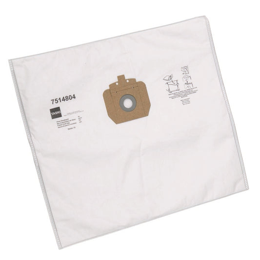 Der Diversey Vlies-Staubsack Vento 15 für TASKI Vento 15S (Karton, 10 Packungen) ist ein weißer, rechteckiger Staubsaugerbeutel mit braunem Kragen, runder Öffnung, aufgedruckten Details und gewährleistet effektiven Schutz vor Staub.