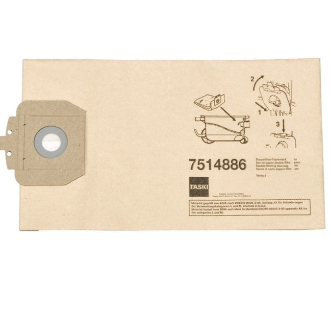 Ein rechteckiger brauner Doppelfilter-Papiersack für TASKI vento 8 / baby bora von Diversey Deutschland GmbH & Co. OHG, mit linkem Pappkragen und schwarz gedruckter Anleitung und Produktnummern auf der rechten Seite; 10er-Packung.