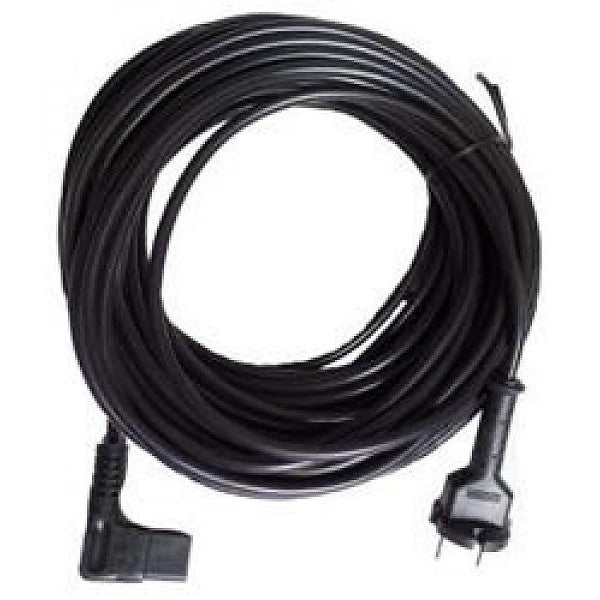 Ein 15mtr Anschlusskabel EURO v von Diversey Deutschland GmbH & Co. OHG, schwarz und gewickelt mit einem zweipoligen Stecker und Winkelstecker - ideal für europäische Steckdosen. Packung: 1 Stück, Abbildung auf weißem Hintergrund.