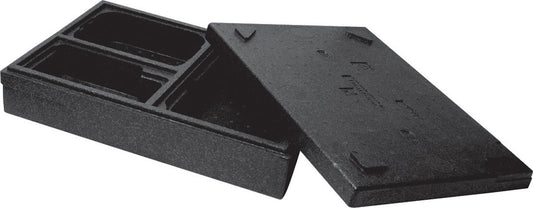 Die Duni GmbH Thermobox 3 Schwarz EPP ist ein rechteckiger, schwarzer Isolierbehälter mit abnehmbarem Deckel, der teilweise geöffnet ist, um die Fächer freizulegen - perfekt, um Speisen und Getränke während des Transports warm zu halten.