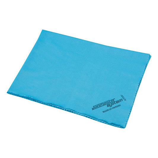Ein blaues, rechteckiges Jonmaster Ultra Window Tuch (40 x 50 cm) von Diversey Deutschland GmbH & Co. OHG, aus spezieller Mikrofaser für die streifenfreie Reinigung von Glasflächen, mit sauber verarbeiteten Kanten und dem Aufdruck "Jonmaster System" in einer Ecke. Packung mit 5 Stück.