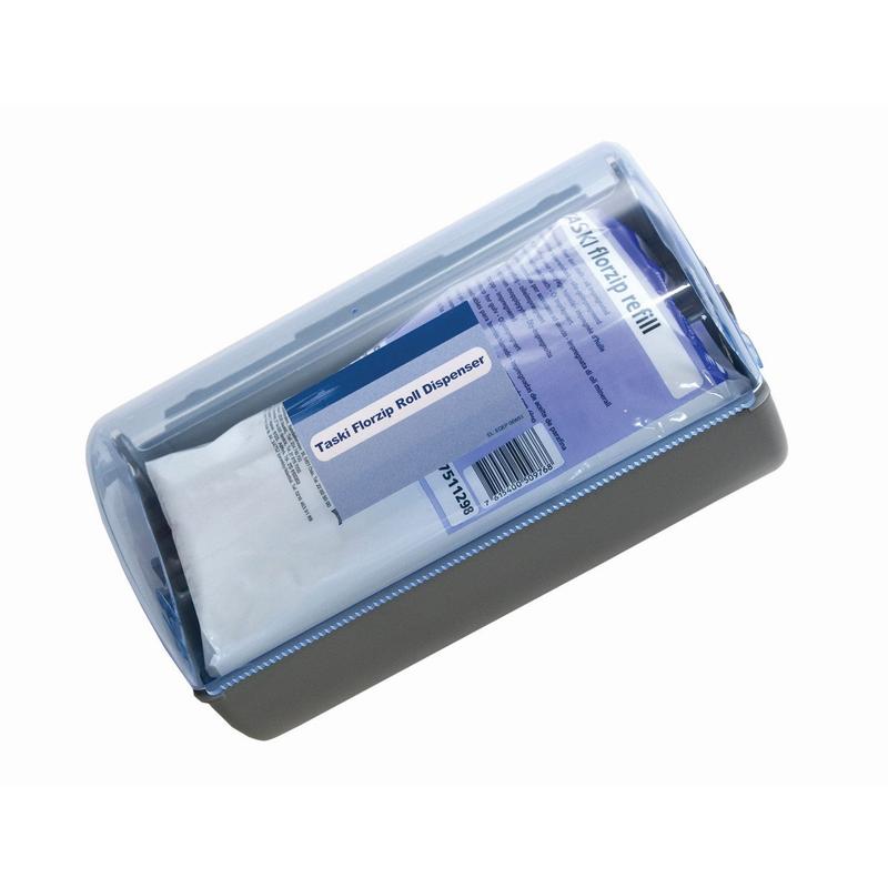 The TASKI Florzip Dispenser 65 from Diversey Deutschland GmbH & Co. OHG is a wall-mounted plastic dispenser with a transparent lid and gray base, supplied with 150 white, oil-soaked cloths (65 x 25 cm) for cleaning.