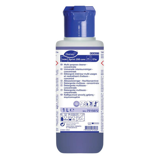 Eine 1-Liter-Flasche TASKI Sprint 200 conc Alkoholreiniger Hochkonzentrat von Diversey Deutschland GmbH & Co. OHG verfügt über einen blauen Verschluss und ein weißes Etikett mit mehrsprachigen Gebrauchsanweisungen für eine gründliche Reinigung.