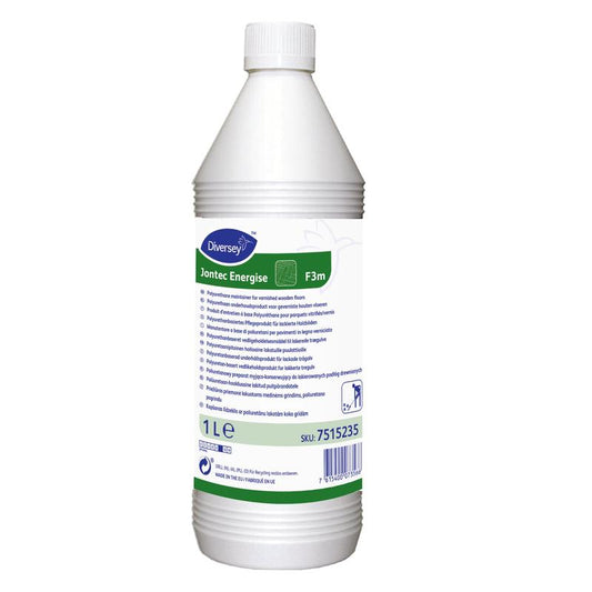 Ein 10-Liter-Kunststoffkanister mit der Aufschrift "TASKI Jontec Energise" von Diversey Deutschland GmbH & Co. OHG, enthält eine Polyurethan-Dispersion für lackierte Holzböden und weist Produktangaben für glänzender Schutzfilm auf.