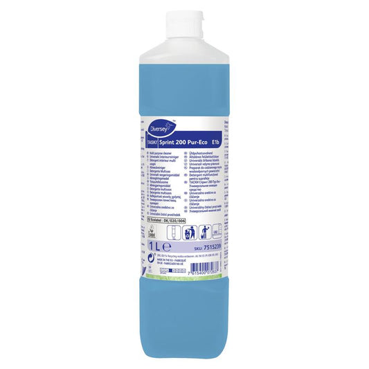Eine 1-Liter-Plastikflasche TASKI Sprint 200 Pur-Eco Alkoholreiniger von Diversey Deutschland GmbH & Co. OHG mit blauer Flüssigkeit, weißem Verschluss und weißem Etikett mit Produktdetails und Anweisungen in mehreren Sprachen.