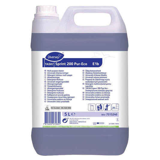 Ein 5-Liter-Kunststoffbehälter TASKI Sprint 200 Pur-Eco Alkoholreiniger der Diversey Deutschland GmbH & Co. OHG mit violetter Flüssigkeit und weißem Etikett mit mehrsprachiger Anleitung – ein effektiver Reiniger für die gründliche Reinigung.
