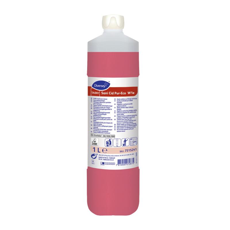 The 1-liter bottle of TASKI Sani Cid sanitary maintenance cleaner from Diversey Deutschland GmbH & Co. OHG is a red liquid cleaner with a white cap and label with product details, ensuring hygienically clean surfaces.