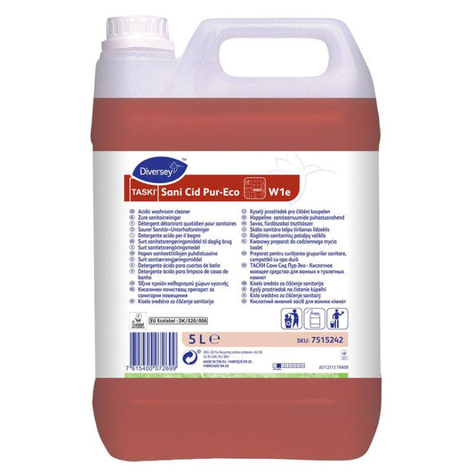 Ein 5L Kanister TASKI Sani Cid Pur-Eco Sanitär-Unterhaltsreiniger von Diversey Deutschland, mit natürlicher Zitronensäure, weißem Griff/Deckel, mehrsprachigem Etikett, roter Flüssigkeit und EU Umweltzertifizierung.