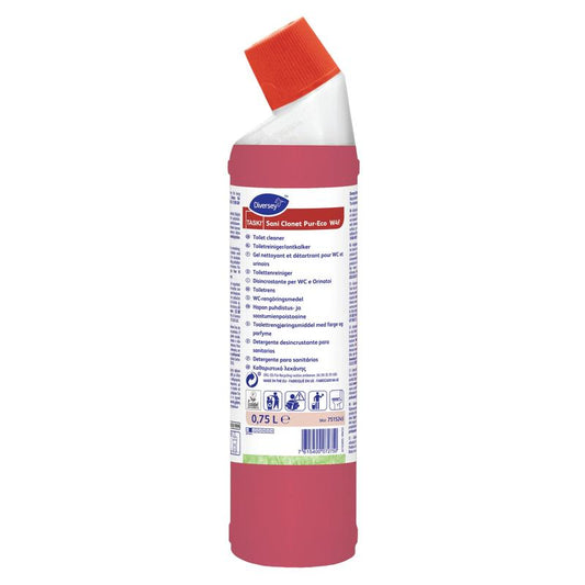 Die rote Flasche TASKI Sani Clonet Pur‑Eco WC‑Reiniger der Diversey Deutschland GmbH & Co. OHG mit weiß-rotem Winkelverschluss fasst 0,75 Liter. Das Etikett enthält mehrsprachige Informationen. Die umweltfreundliche Formel sorgt für hygienische Sauberkeit.