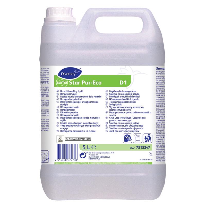 Ein 5L-Kanister Diversey Suma Star Pur-Eco D1 Handgeschirrspülmittel von Diversey Deutschland GmbH & Co. OHG, mit einem Griff und einem weißen Etikett mit Produktinformationen, Anweisungen und mehrsprachigen Logos; biologisch abbaubar und umweltfreundlich.