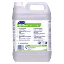 A 5L canister of Diversey Suma Star Pur-Eco D1 manual dishwashing detergent from Diversey Deutschland GmbH & Co. OHG, with a handle and a white label with product information, instructions, and multilingual logos; biodegradable and environmentally friendly.