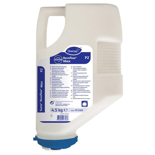 Eine 4,5 kg Kartusche Suma Revoflow Max P2 von Diversey Deutschland GmbH & Co. OHG, ein chlorfreier Reiniger für weiches bis mittelhartes Wasser, mit Produktinformation und Anweisungen in mehreren Sprachen auf dem Etikett.