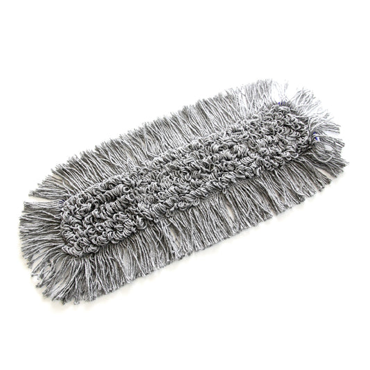 Der TASKI Jonmaster Allround Mop von Diversey Deutschland GmbH & Co. OHG ist ein rechteckiger grauer Moppkopf mit Fransenkanten und einem zentralen gewebten Mikrofaserabschnitt, flach auf weißem Hintergrund dargestellt für effiziente Reinigung.