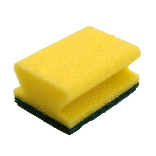 Ein rechteckiger gelb/grüner TASKI Schwamm stark und kräftig, 6 x 9,5 cm, mit grünem Scheuerpad von Diversey Deutschland GmbH & Co. OHG zur effektiven Reinigung starker Verschmutzungen auf unempfindlichen Oberflächen; Fotografie vor weißem Hintergrund.
