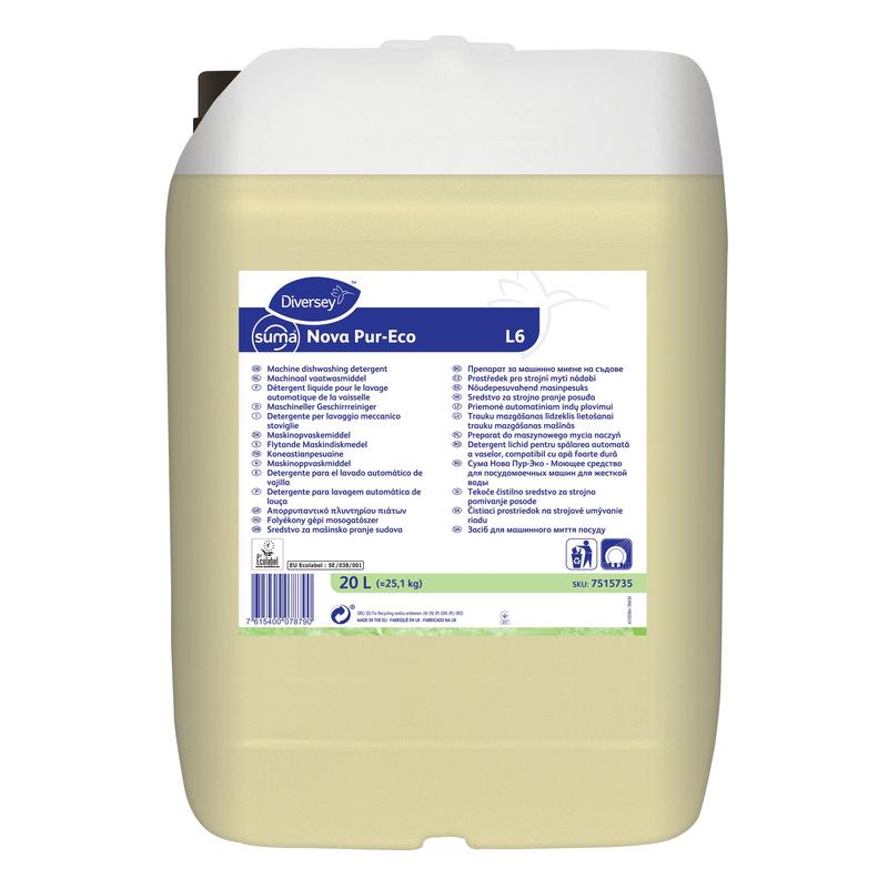 Ein durchsichtiger, umweltfreundlicher 20-Liter-Behälter mit Suma Nova Pur-Eco L6 Geschirrreiniger, flüssig von Diversey Deutschland GmbH & Co. OHG, mit weißem Deckel und mehrsprachigem weißen Etikett für gewerbliche Geschirrspüler.