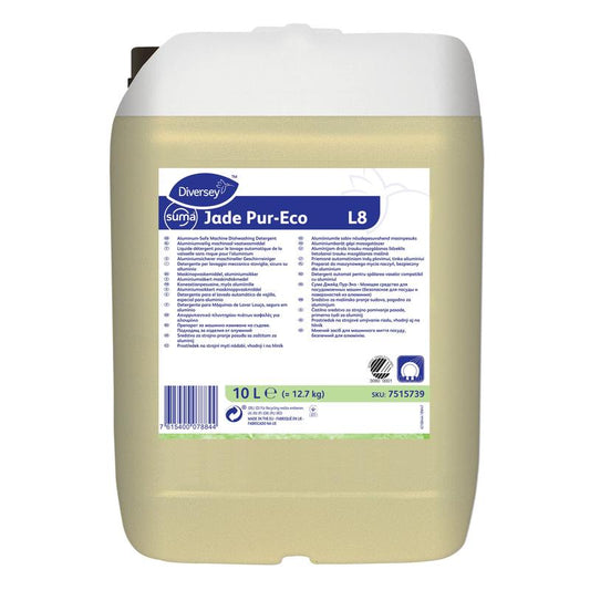 Ein 10-l-Kanister Suma Jade Pur-Eco L8 von Diversey Deutschland GmbH & Co. OHG, ein umweltfreundlicher und aluminiumsicherer Geschirrreiniger, mit mehrsprachigem Etikett für Produktinfos und Anweisungen.