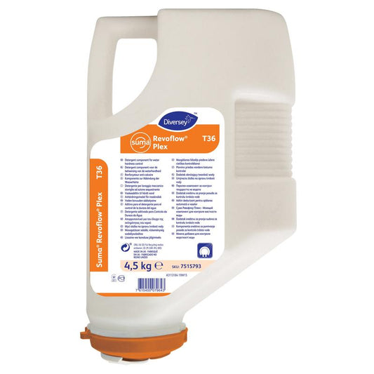 Eine 4,5 kg weiße Suma Revoflow Plex T36 Wasserhärtebinder-Kartusche der Diversey Deutschland GmbH & Co. OHG, mit orangefarbenem Etikett und Deckel, zeigt Produktinformation und Branding hochkant auf der Sichtseite.