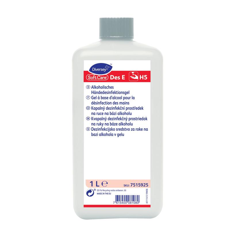 Eine weiße 1-Liter-Flasche Soft Care Des E H5 VAH-gelistetes, gelförmiges Händedesinfektionsmittel der Diversey Deutschland GmbH & Co. OHG, mit blauem Schraubverschluss und mehrsprachigem Produktinformationsetikett.