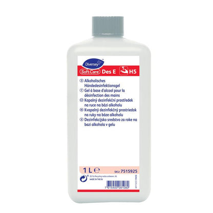 A white 1-liter bottle of Soft Care Des E H5 VAH-listed, gel-form hand disinfectant from Diversey Deutschland GmbH & Co. OHG, with a blue screw cap and multilingual product information label.