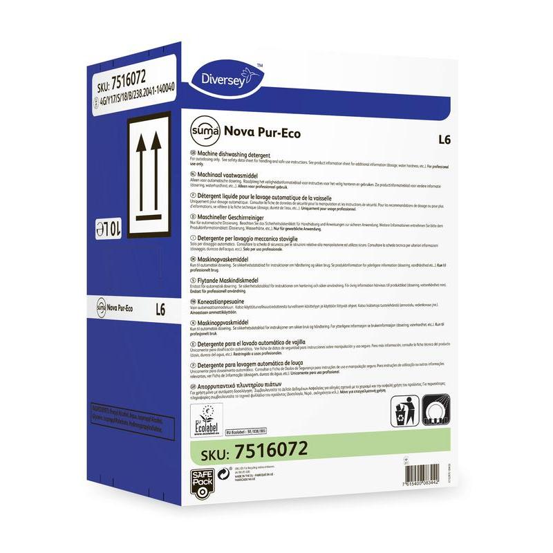 A box of Suma Nova Pur-Eco L6 dishwashing liquid, from Diversey Deutschland GmbH & Co. OHG for commercial dishwashers with product information, instructions, symbols, and SKU 7516072 printed on the packaging.