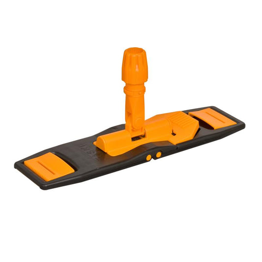 Der TASKI MicroEasy Mop Frame, Klapphalter Tasche/Lasche 40 cm von Diversey Deutschland GmbH & Co. OHG ist ein schwarz-orangefarbener Kunststoff-Klapphalter mit schwenkbarem Aufsatz, der für die effiziente Bodenreinigung mit flachen Mopps konzipiert ist.