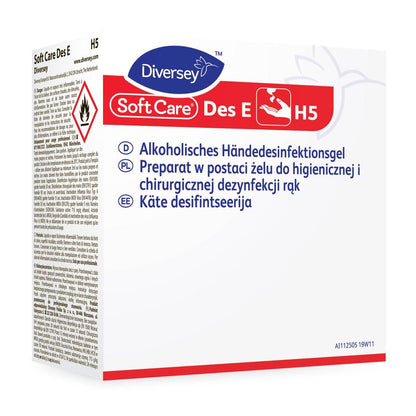 Box from Diversey Deutschland GmbH & Co. OHG Soft Care Des E H5 VAH-listed, gel-form hand disinfectant with instructions for use in German, Polish, and Estonian, hazard symbols, and application instructions for effective cleaning.
