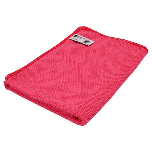 Das TASKI Jonmaster Ultra Cloth Reinigungstuch (32x32 cm) von Diversey Deutschland GmbH & Co. OHG ist ein rotes Mikrofaser-Tuch mit gestepptem Rand und kleinem weißen Etikett – ideal für streifenfreie Ergebnisse.