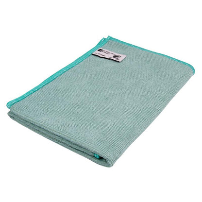 A folded light green TASKI Jonmaster Ultra Cloth cleaning cloth 32x32 cm from Diversey Deutschland GmbH & Co. OHG, with turquoise edge stitching and a white corner label, on a plain white background for streak-free results.