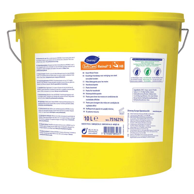 Large yellow plastic bucket with metal handle labeled "Soft Care Reinol S Handwash Paste" from the company Diversey Deutschland GmbH & Co. OHG, 10 liters, including instructions for use and safety information, ideal for industrial dirt removal.