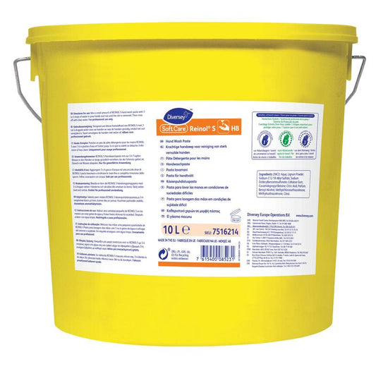 Großer gelber Kunststoffeimer mit Metallbügel mit der Aufschrift „Soft Care Reinol S Handwaschpaste“ der Firma Diversey Deutschland GmbH & Co. OHG, 10 Liter, inkl. Gebrauchsanweisung und Sicherheitshinweisen, ideal zur industriellen Schmutzentfernung.