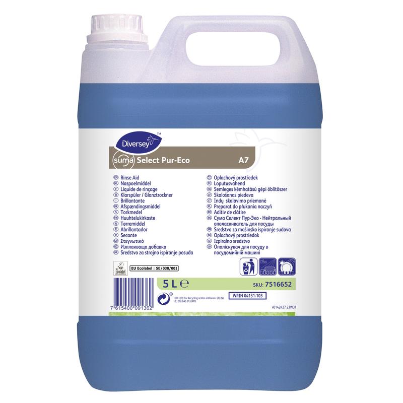 Ein 5-Liter-Kunststoffbehälter des Suma Select Pur-Eco A7 Klarspülers von Diversey Deutschland GmbH & Co. OHG mit mehrsprachigem weißen Etikett und blauer Flüssigkeit im Inneren sorgt für umweltfreundliche Reinigung und schnelle Trocknung.