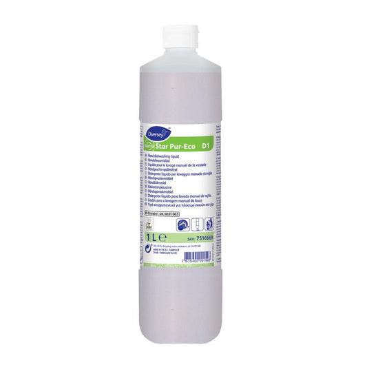 Das 1-Liter Suma Star Pur-Eco D1 Handgeschirrspülmittel von Diversey Deutschland kommt in einer Flasche mit weißem Verschluss und grün-weißem Etikett mit mehrsprachiger Anleitung; ideal für umweltfreundliches Geschirrspülen.