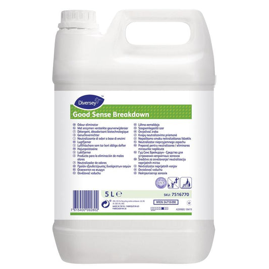 Ein weißer 5-Liter-Kunststoffbehälter der Diversey Deutschland GmbH & Co. OHG Good Sense Breakdown Geruchsentferner mit Henkel und Schraubverschluss. Das mehrsprachige Etikett beschreibt Produkteigenschaften und effektive Geruchsbeseitigung.