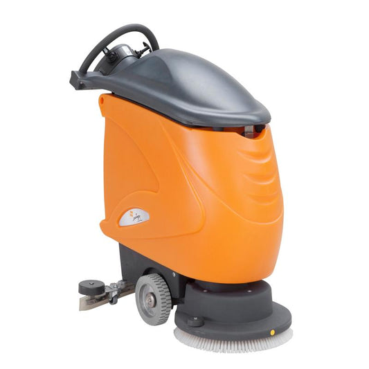 Die TASKI swingo 755 E von Diversey Deutschland ist eine orange-schwarze, netzbetriebene Scheuersaugmaschine mit Griff, großen Rädern und runder Bürste - ideal zur Reinigung kleiner bis mittlerer Flächen. Packung: 1 Stück.