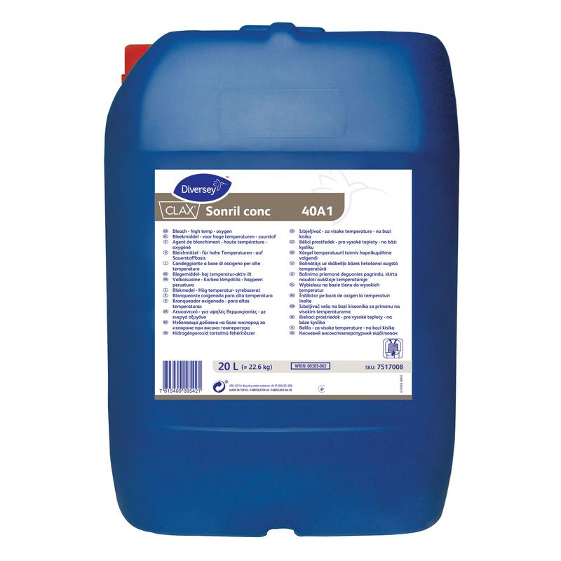 A large blue 20L plastic container "Clax Sonril conc40A1 Oxygen Bleach" from Diversey Deutschland GmbH & Co. OHG, with application and safety instructions - ideal as an oxygen bleach for brilliantly white laundry and stubborn stains.