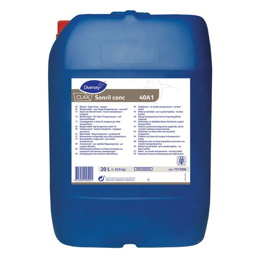 Ein großer blauer 20L Kunststoffbehälter „Clax Sonril conc40A1 Sauerstoffbleiche“ der Diversey Deutschland GmbH & Co. OHG, mit Anwendungs- und Sicherheitshinweisen – ideal als Sauerstoffbleiche für strahlend weiße Wäsche und hartnäckige Flecken.