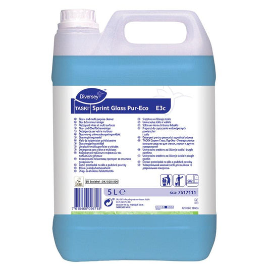 Ein 5-Liter-Behälter TASKI Sprint Glass Pur-Eco Glas- und Oberflächenreiniger von Diversey Deutschland GmbH & Co. OHG, mit weißem Verschluss und mehrsprachigem Etikett mit Produktinformationen und Anweisungen.