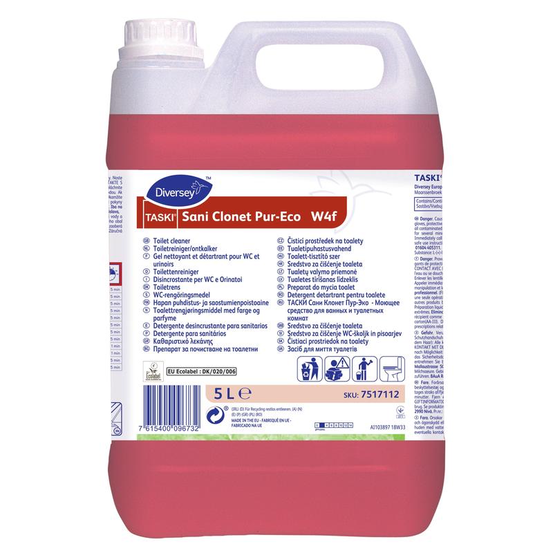 Ein 5-Liter-Behälter TASKI Sani Clonet Pur-Eco WC-Reiniger von Diversey Deutschland GmbH & Co. OHG verfügt über ein mehrsprachiges weißes Etikett und eine rote Flüssigkeit und sorgt mit seiner umweltfreundlichen Formel für hygienische Sauberkeit.