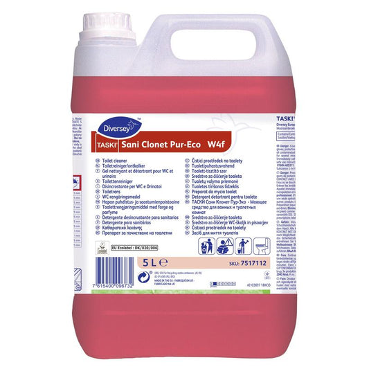 Ein 5-Liter-Behälter TASKI Sani Clonet Pur-Eco WC-Reiniger von Diversey Deutschland GmbH & Co. OHG verfügt über ein mehrsprachiges weißes Etikett und eine rote Flüssigkeit und sorgt mit seiner umweltfreundlichen Formel für hygienische Sauberkeit.