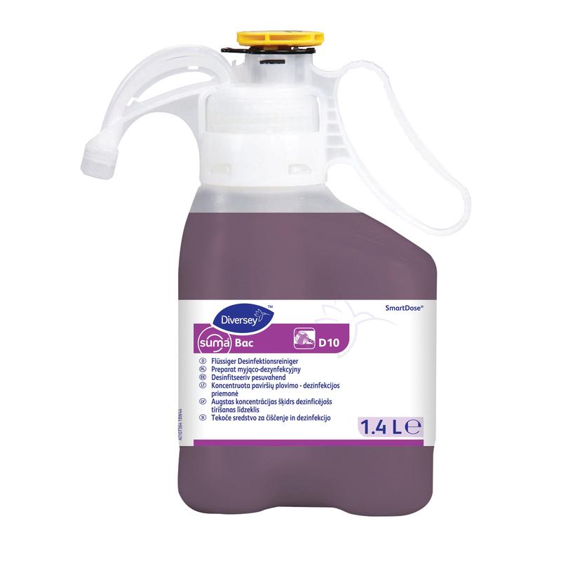 Eine 1,4-Liter-Flasche Diversey Suma Bac D10 SD Desinfektionsreiniger im SmartDose System von Diversey Deutschland GmbH & Co. OHG für die professionelle Reinigung.