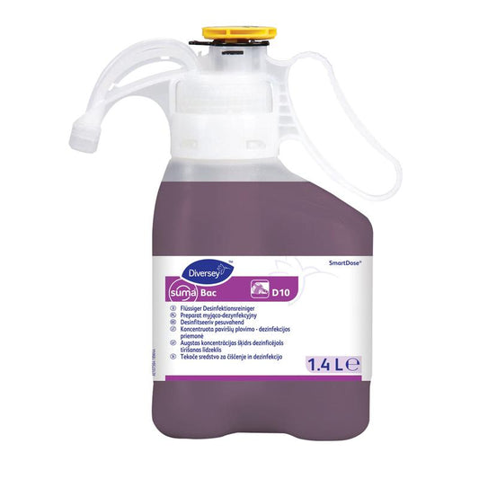 Eine 1,4-Liter-Flasche Diversey Suma Bac D10 SD Desinfektionsreiniger im SmartDose System von Diversey Deutschland GmbH & Co. OHG für die professionelle Reinigung.